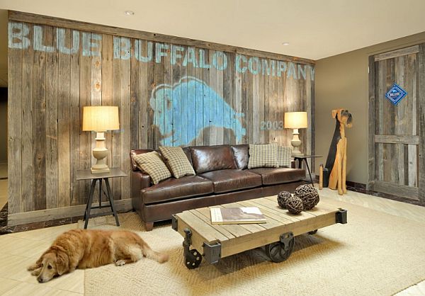 liviing room with natural antique barn siding wall and pallet coffee table