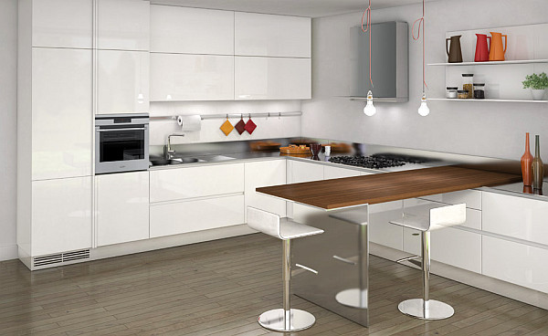 luxurious white kitchen design with dining table and big shelves