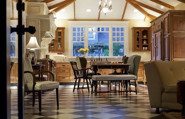 luxury dining room with checkered pattern flooring