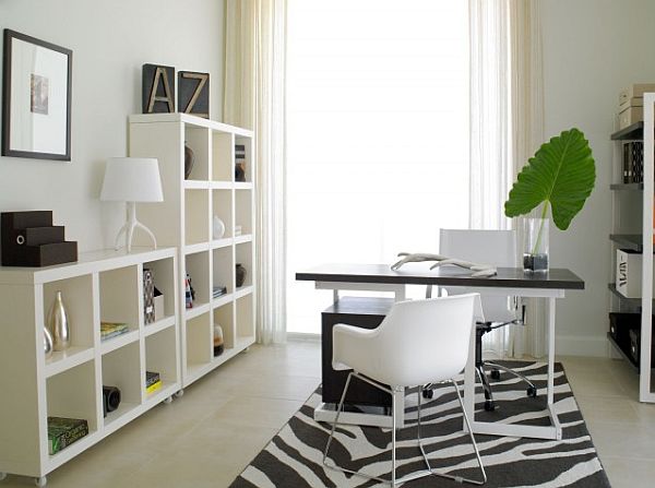 miami modern home office with white box shelves bookcase