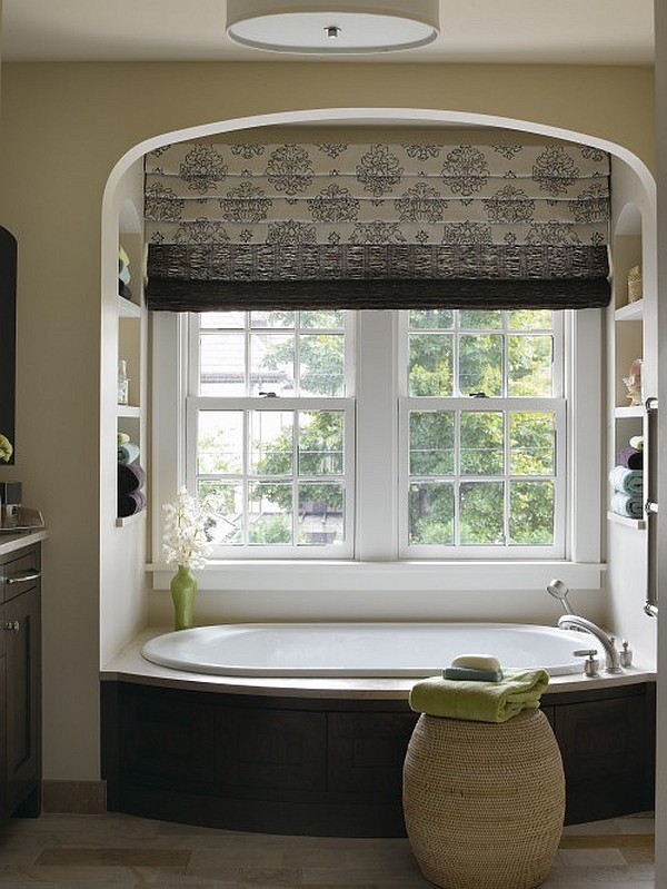 modern bathroom with windows roman shades