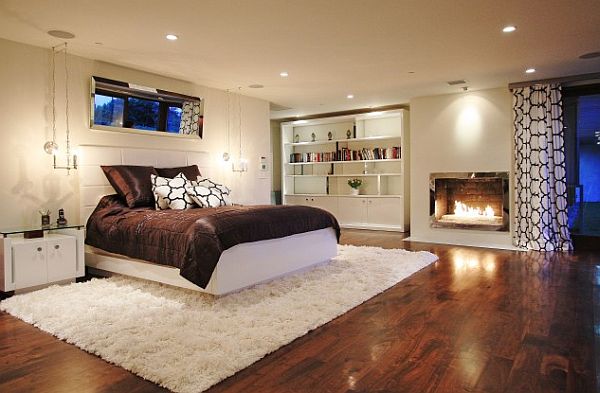 modern bedroom design with fluffy carpet & white furnishings