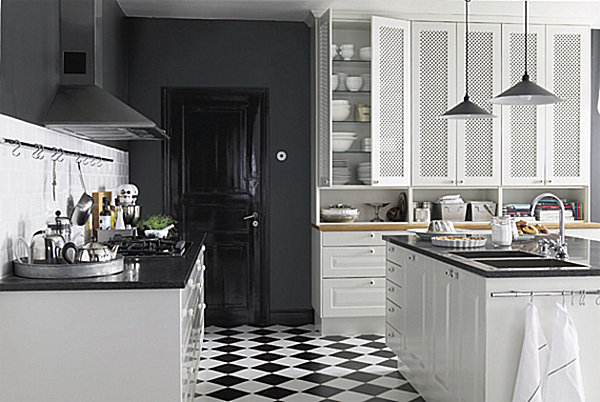 modern-bistro-kitchen-black-and-white-tile-floor