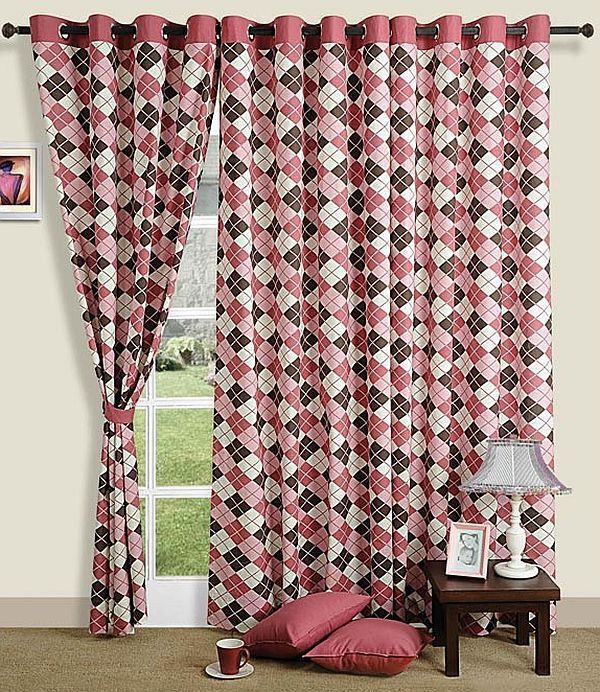 modern checkered drapes pink, brown and white