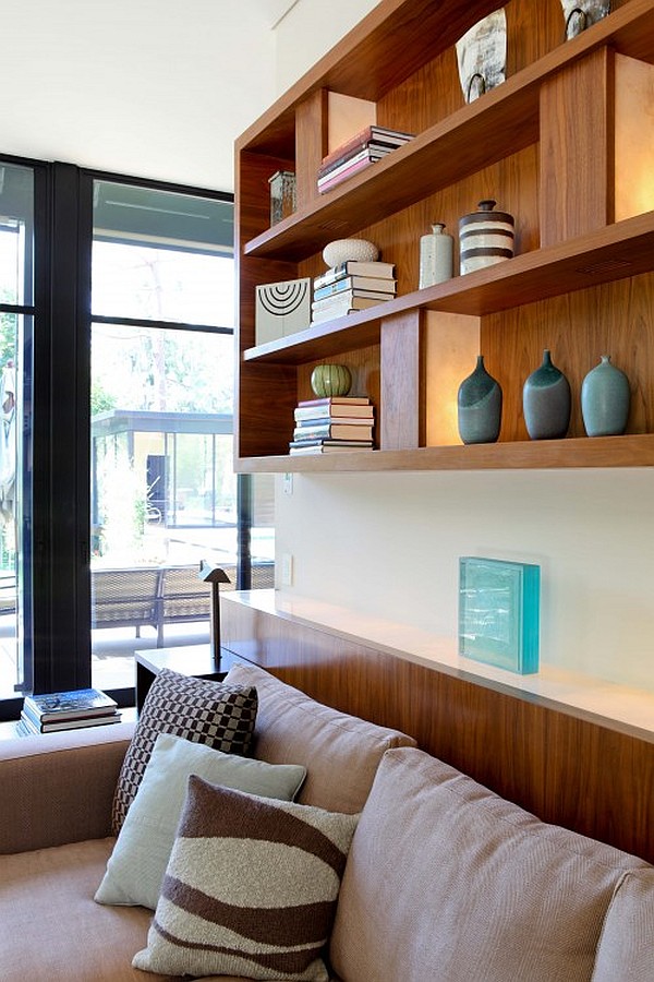 modern family room decor with box shelves