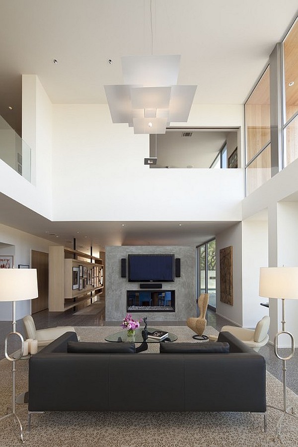 modern living area with white high ceilings