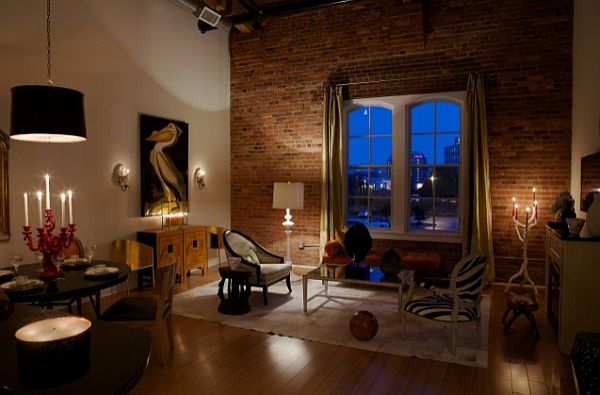 modern living room with grey & red wall