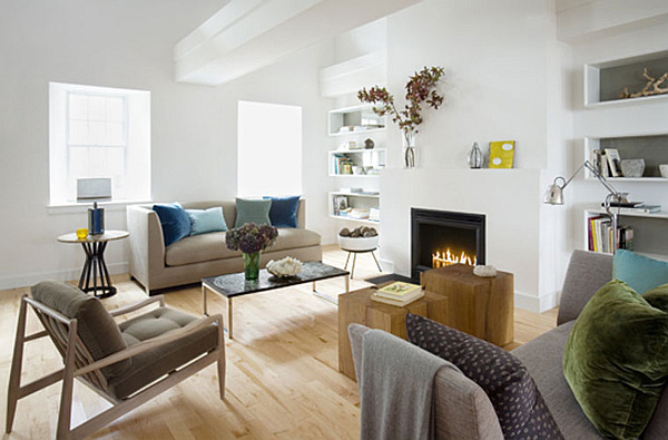 modern living room with white walls and box shelves