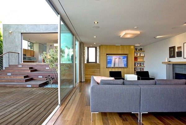 modern living room with wooden decked terrace