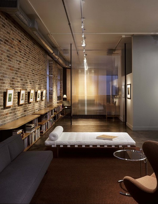 modern reading nook with exposed brick walls