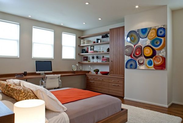 modern san francisco bedroom with desk and colorful decor