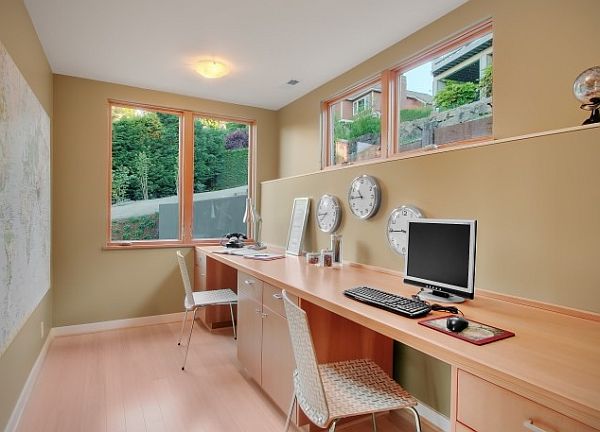 modern study area for kids with desk along the wall and big windows