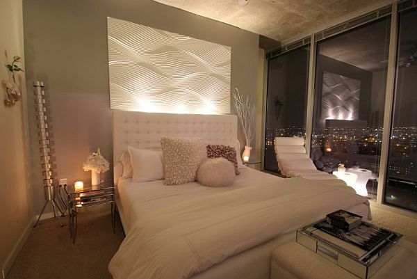 modern white and grey bedroom with amazing city views