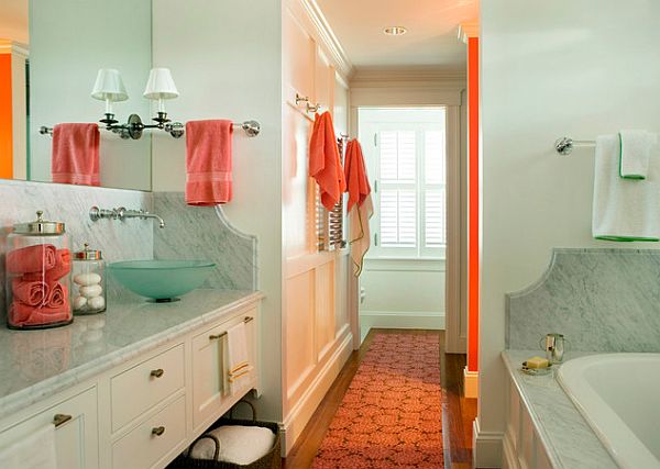 orange accents bathroom - tangerine towels and walls