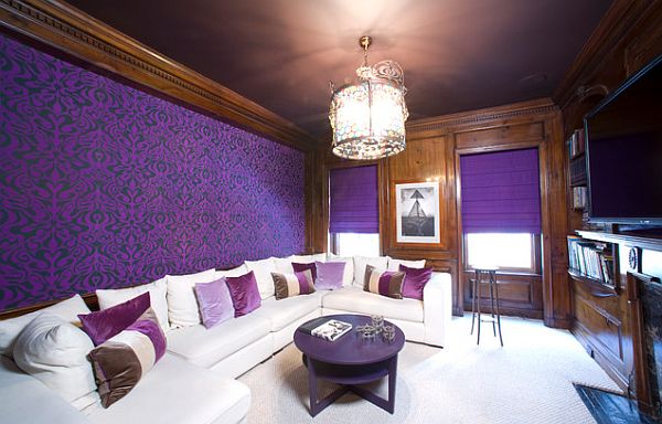 purple-media-room-with-one-framed-wallpaper-wall