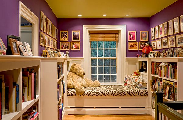 purple-teen-room-with-bookcase-and-framed-pictures-on-the-eall