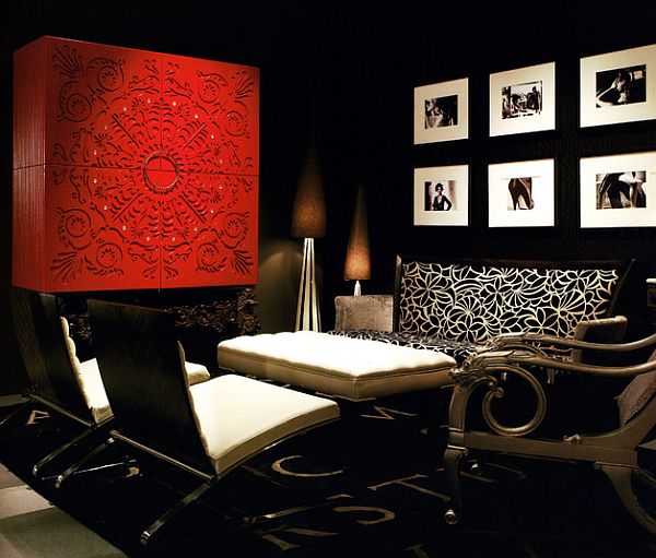 red cabinets in fancy asian inspired living room