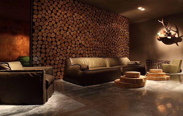 rustic living room with Leather upholstered sofa and wood wall