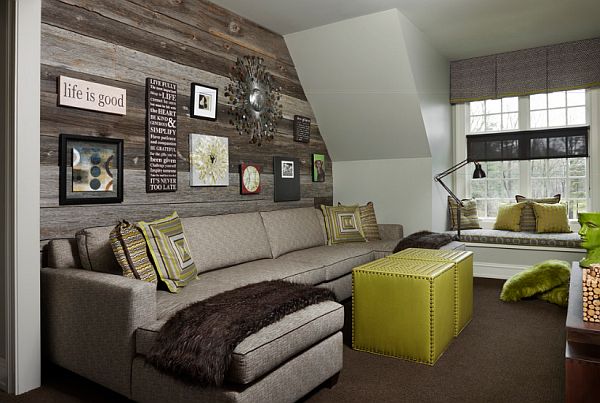 rustic living room with wooden wall