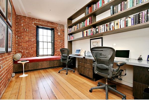 san francisco home office with exposed brick walls