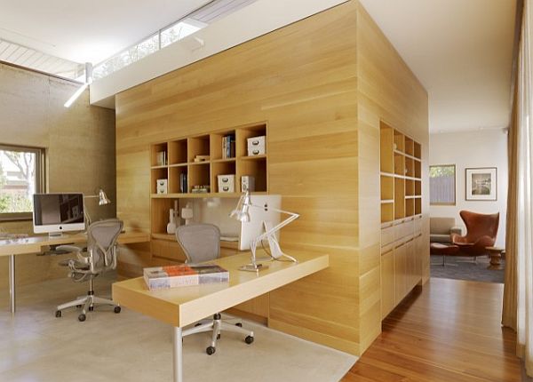 san francisco home office with wooden wall and box shelving