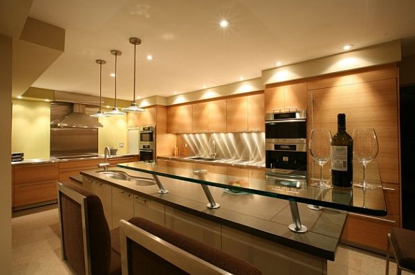 sleek contemporary kitchen decor with wood on cabinets and double sink kitchen island