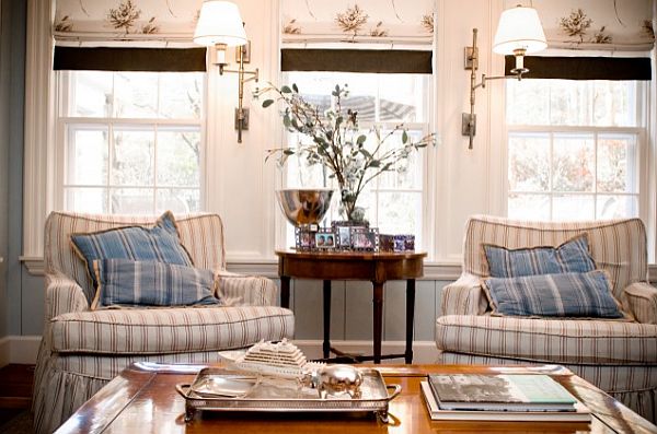 traditional farmhouse dining room with sunblocking roman shades