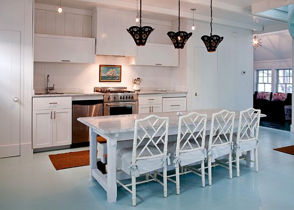 traditional white kitchen with zen blue flooring