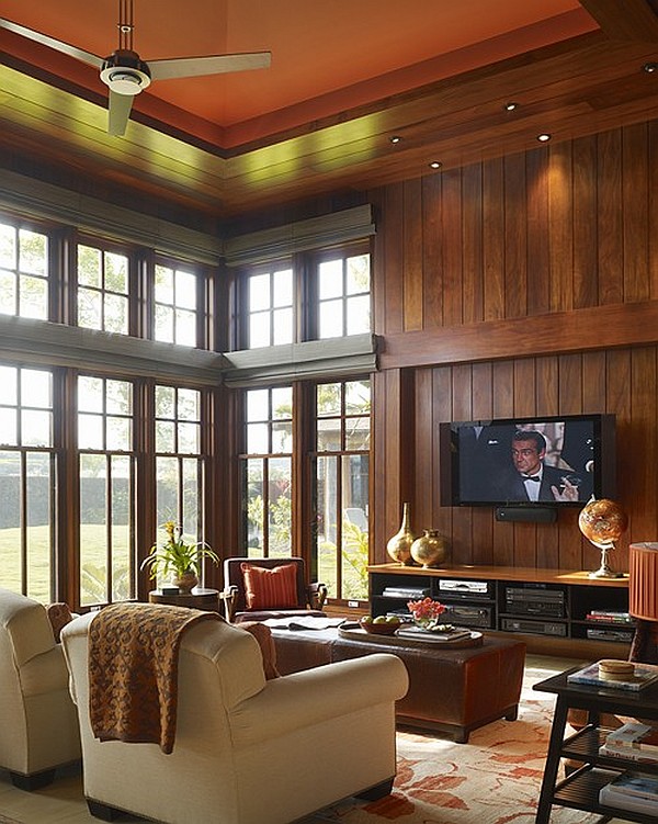 tropical family room with high ceiling