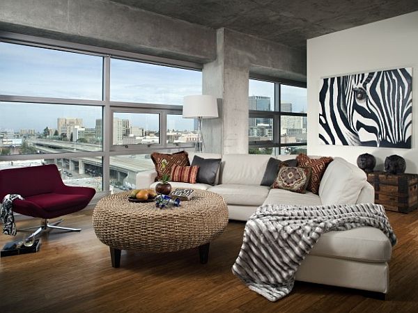 ultra contemporary industrial bedroom with modern design & exotic animal prints on the walls