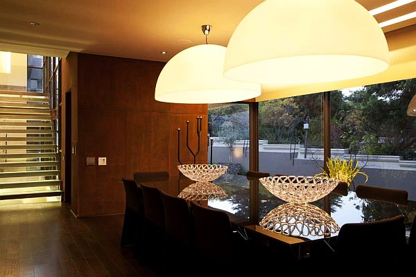 upholstered light fixture in large dining room