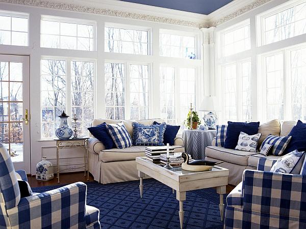 white and blue checkered pattern chairs and pillows