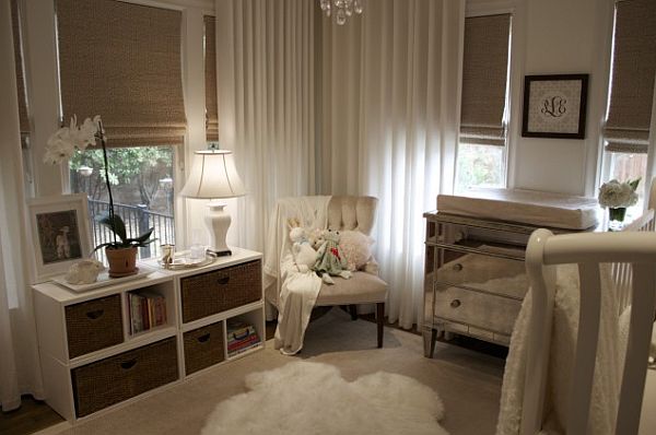 white and grey bedroom with sunblocking roman shades