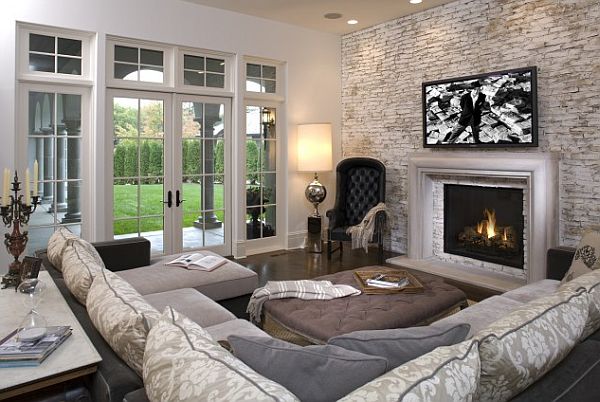 white and grey living room design with exposed brick walls