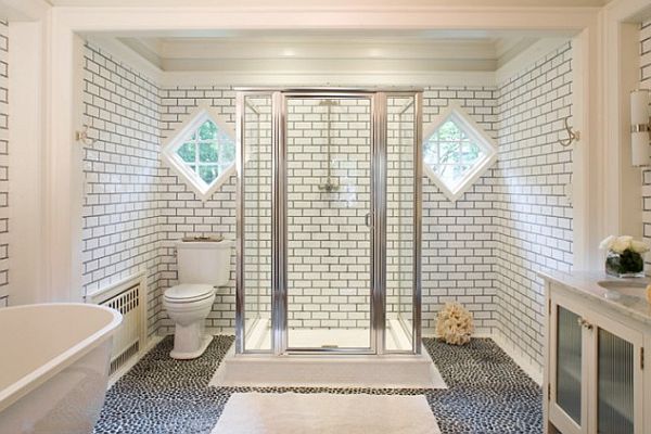 white bathroom with grey tile grout