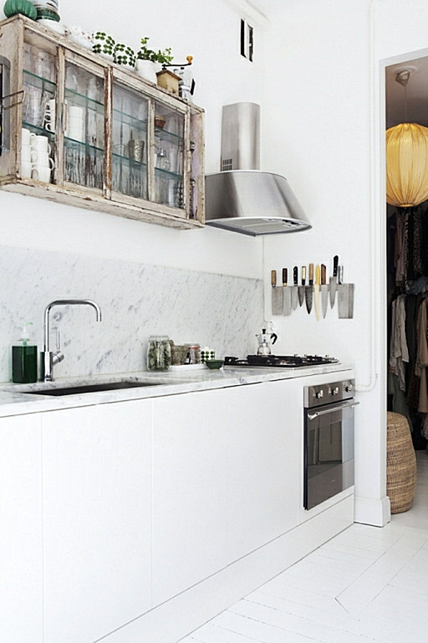 white bistro kitchen with marble