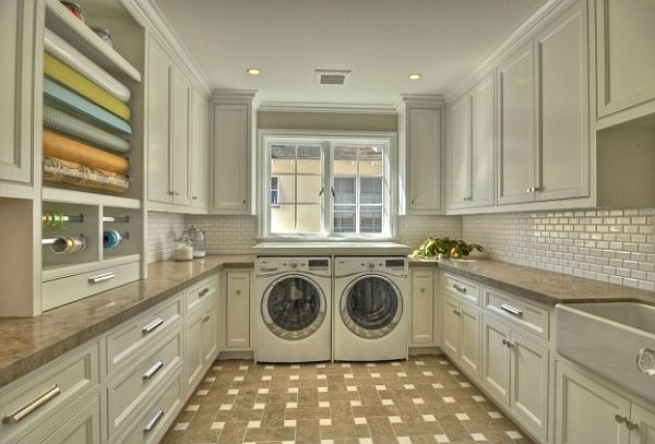 white cabinets laundry room with drawer pulls