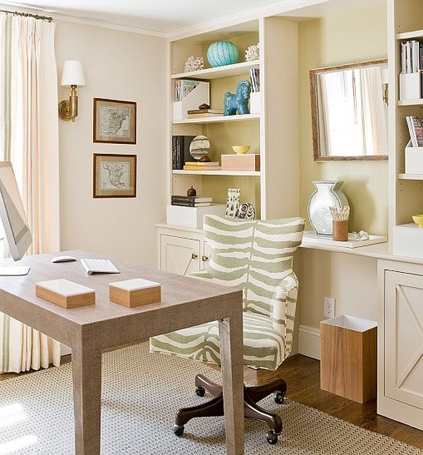 white inspired home office design with bookcase