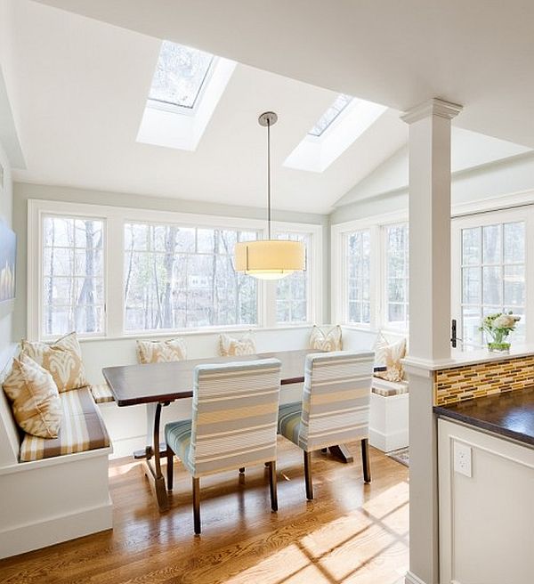 white kitchen design with fancy breakfast nook