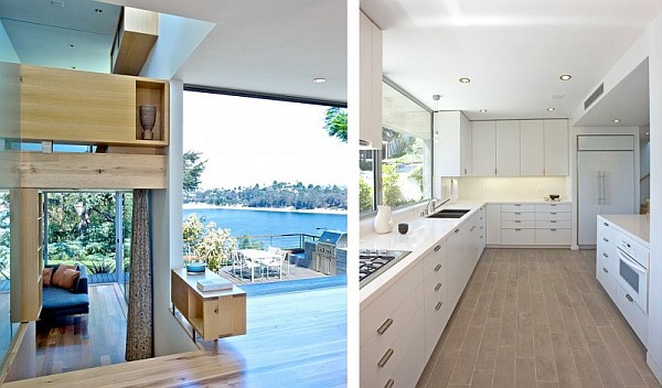 white kitchen design with lake views