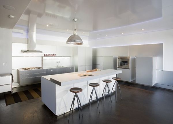 white kitchen design with minimalist lighting