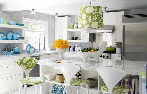 white kitchen with modern floral prints accents