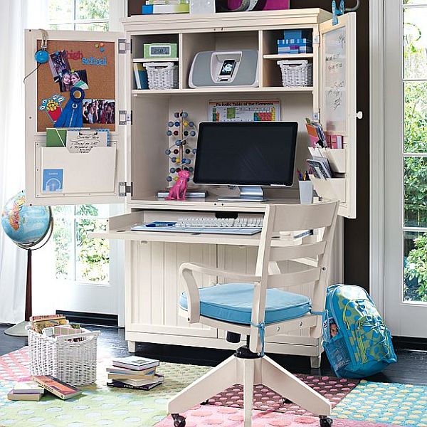 white minimalist kids study room