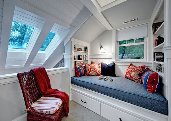 white modern reading nook with  small space under bed storage