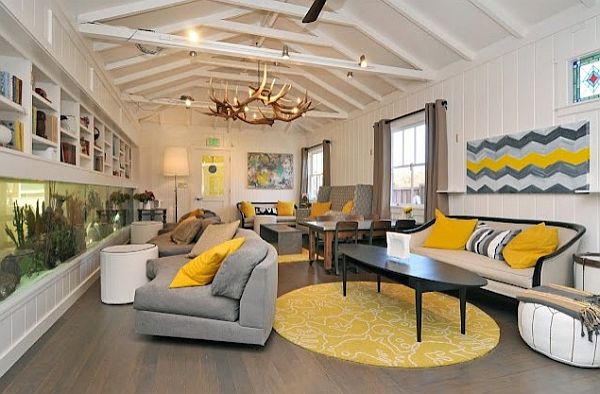 white paneling with yellow area rug