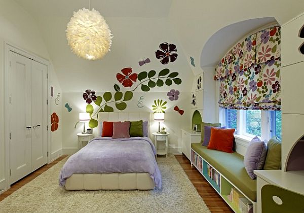 white-whimsical-kids-bedroom-with-floral-wallpaper-and-custom-ceiling-lighting-fixture