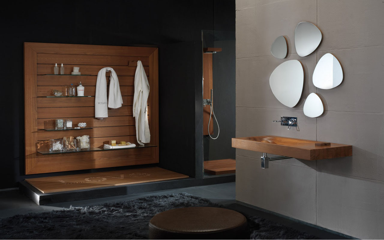 wooden bathroom with black decor