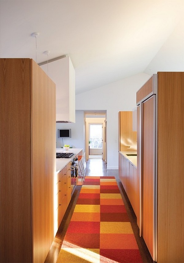 wooden kitchen decor with colorful checkered rug