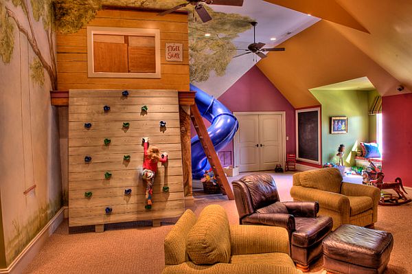 Attic kids play room with climbing wall, super slide