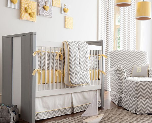 White and grey baby nursery with chevron stripes decor